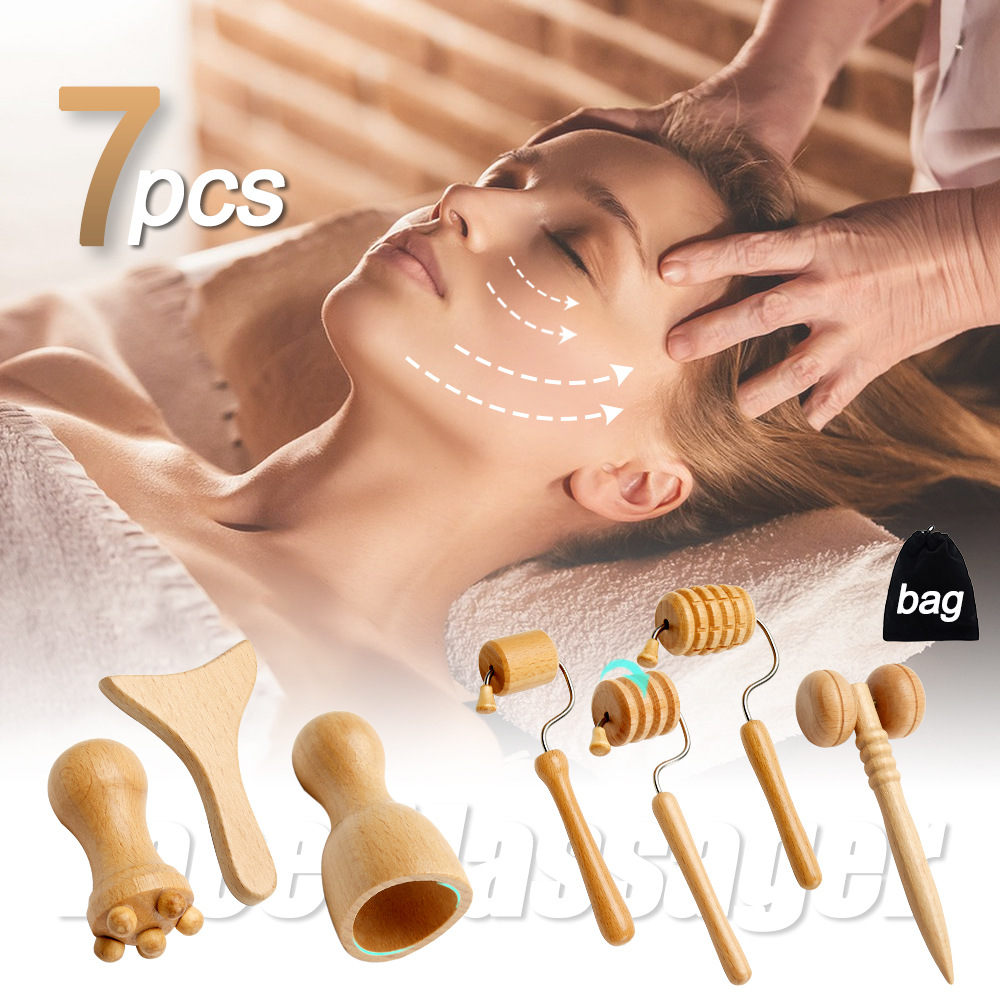 Manual Wooden Face Massage Set - 7 Pieces